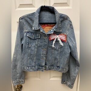 Upcycled Denim Jacket with Lace Bow Accent